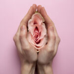 Donna che tiene rosa nelle mani per la visualizzazione del sistema riproduttivo